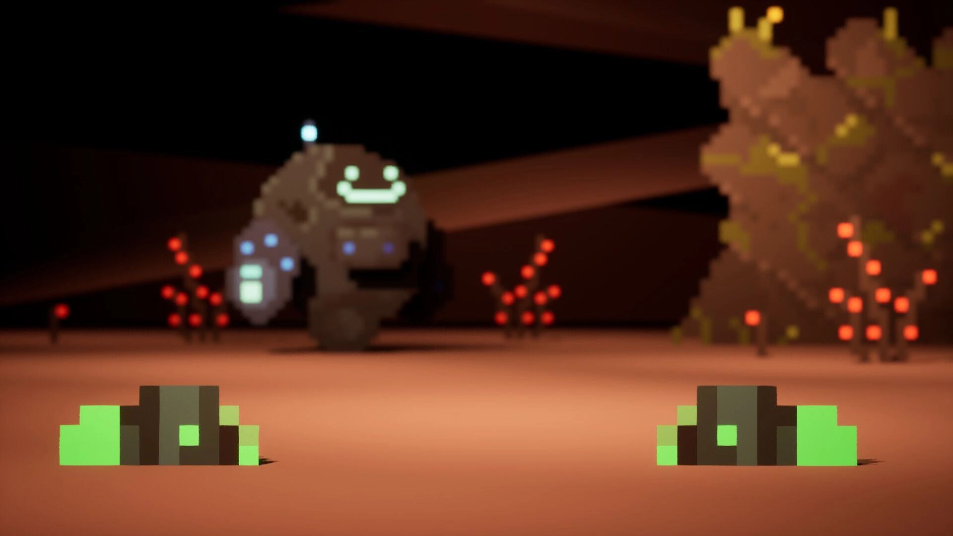 Lunebug: Pixelated robot exploring glowing cave with colorful fungi and rocky formations in foreground