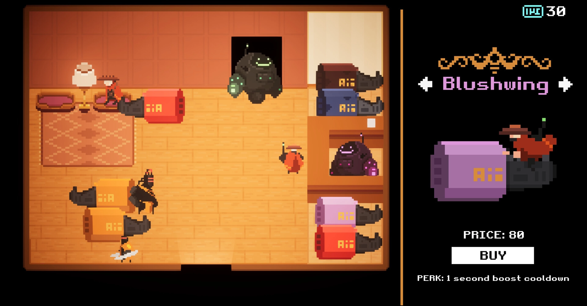 Lunebug: Character shops for flying-cars in cozy room, "Blushwing" model highlighted with perks