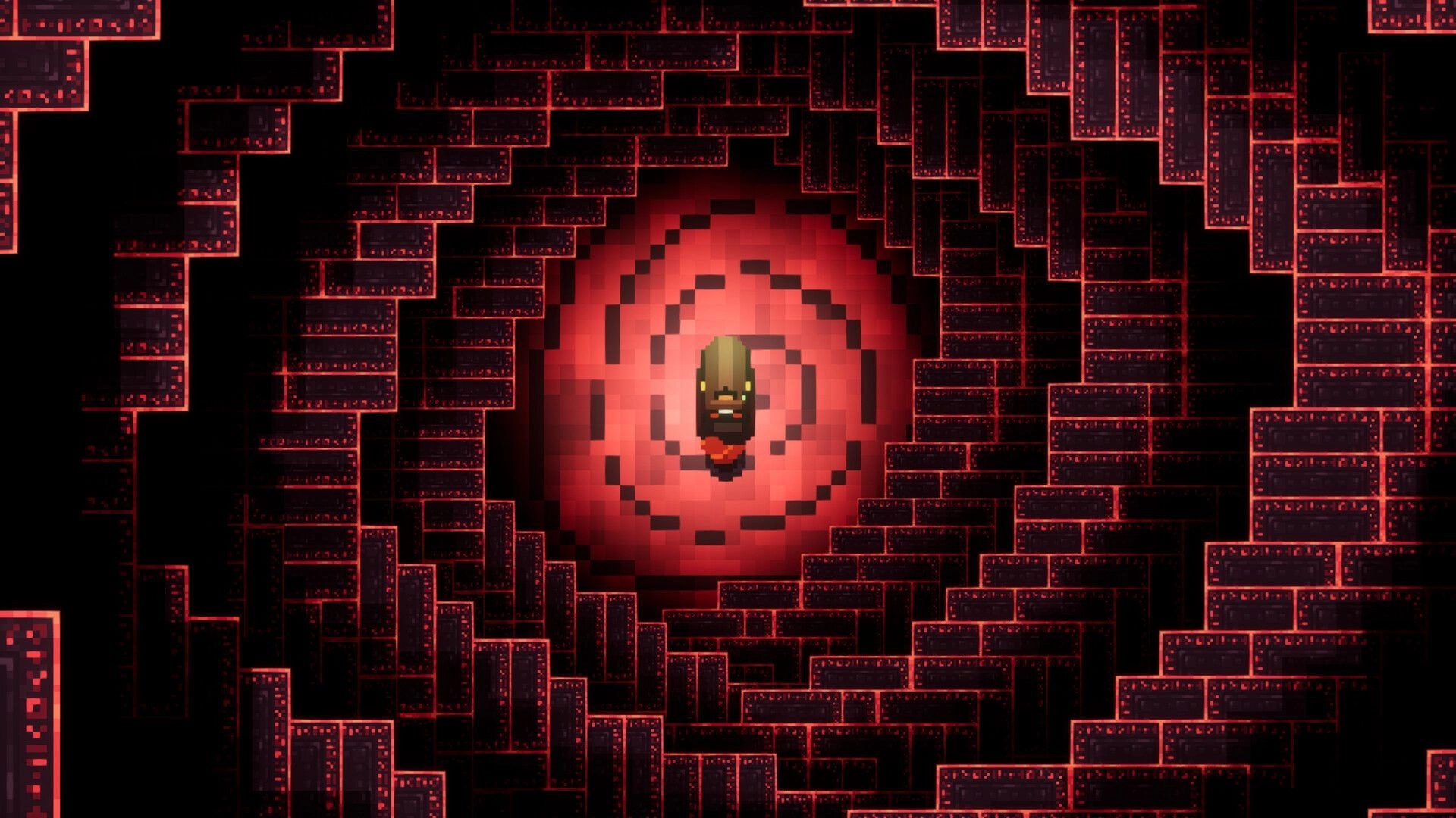 Lunebug: Character standing at the center of a spiral staircase in a glowing red, pixelated environment.