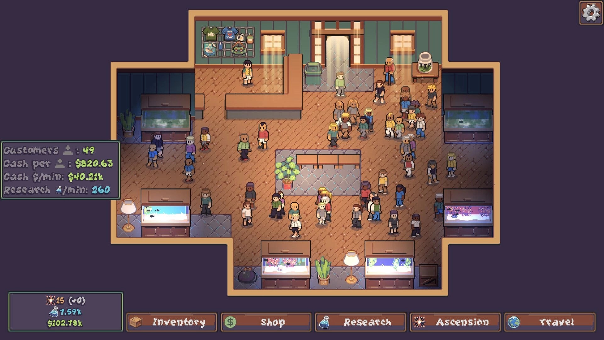 Lured In: Managing a bustling aquarium shop with crowded visitors, tank displays, and cash stats UI.