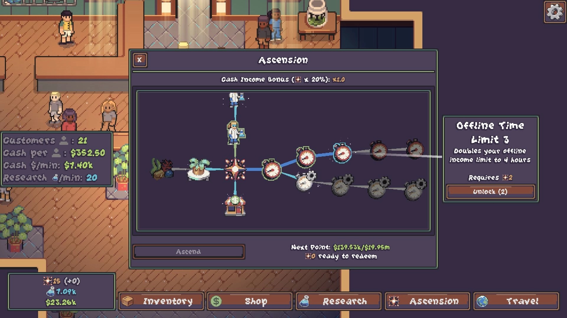 Lured In: Ascension upgrade tree open with unlock panel over aquarium lobby and customer stats UI.