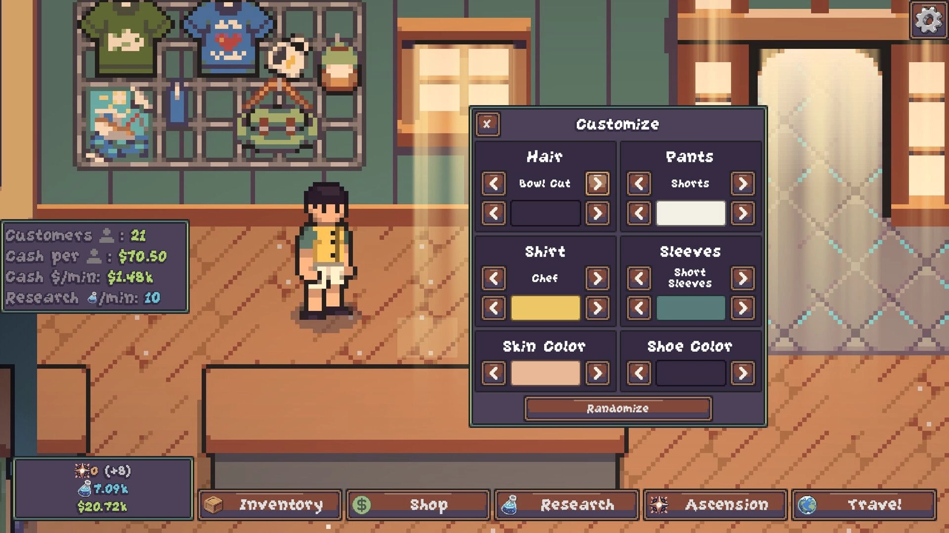 Lured In: Customization menu editing hair and outfit beside player avatar in cozy aquarium shop lobby.