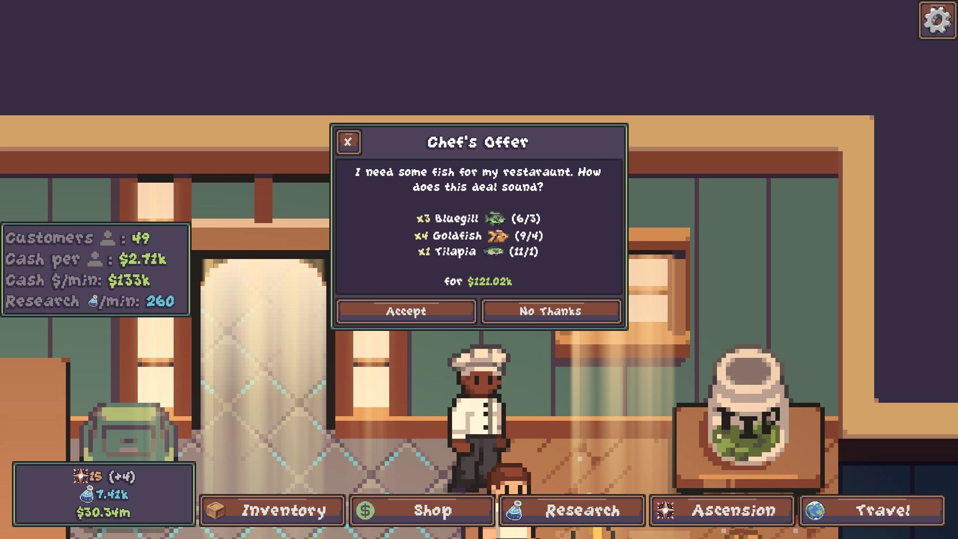 Lured In: Chef’s Offer trade popup over aquarium shop UI, fish list, accept/no thanks buttons visible.