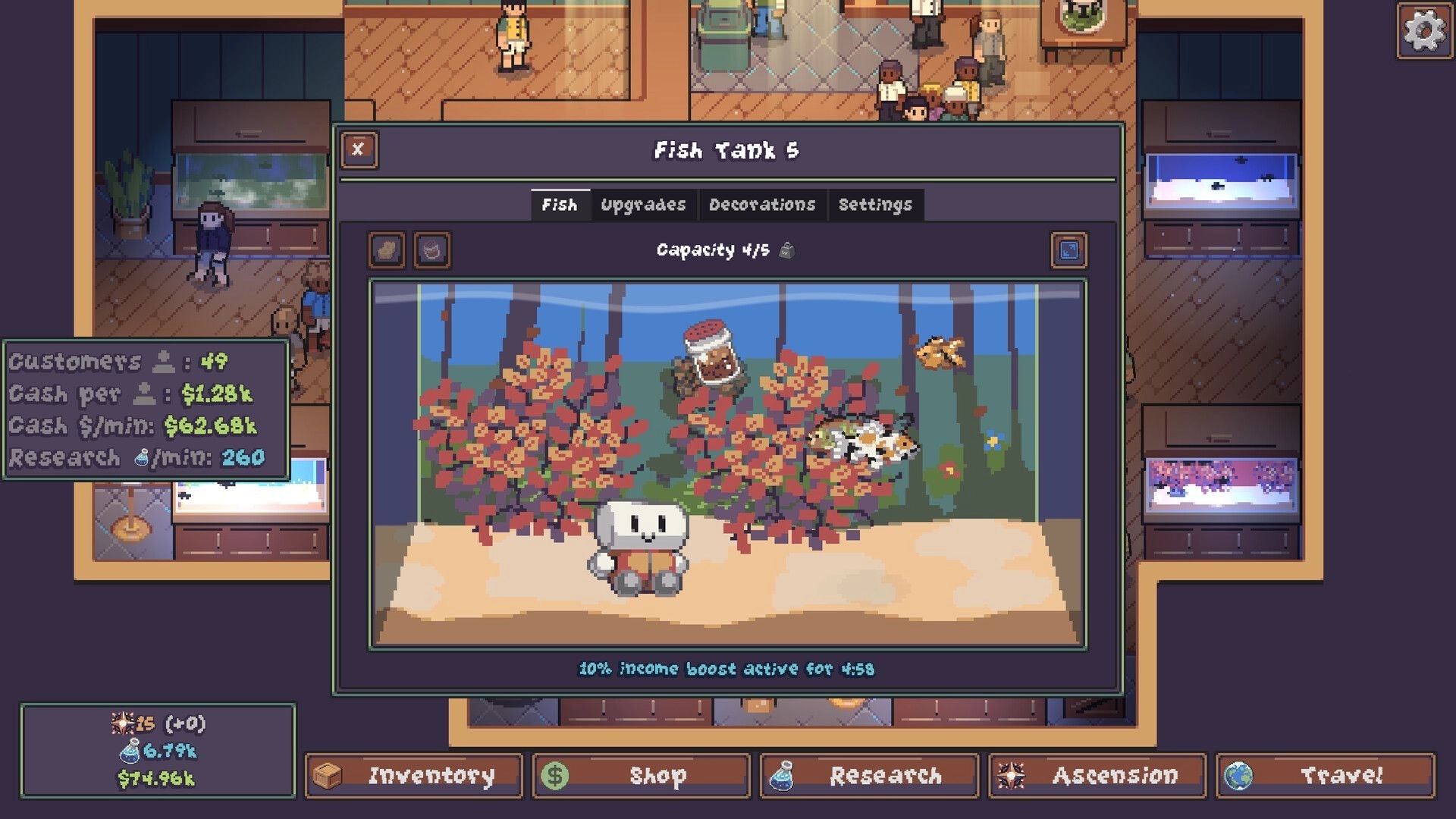 Lured In: Fish Tanks menu open, showing a decorated tank with fish and stats in aquarium lobby.