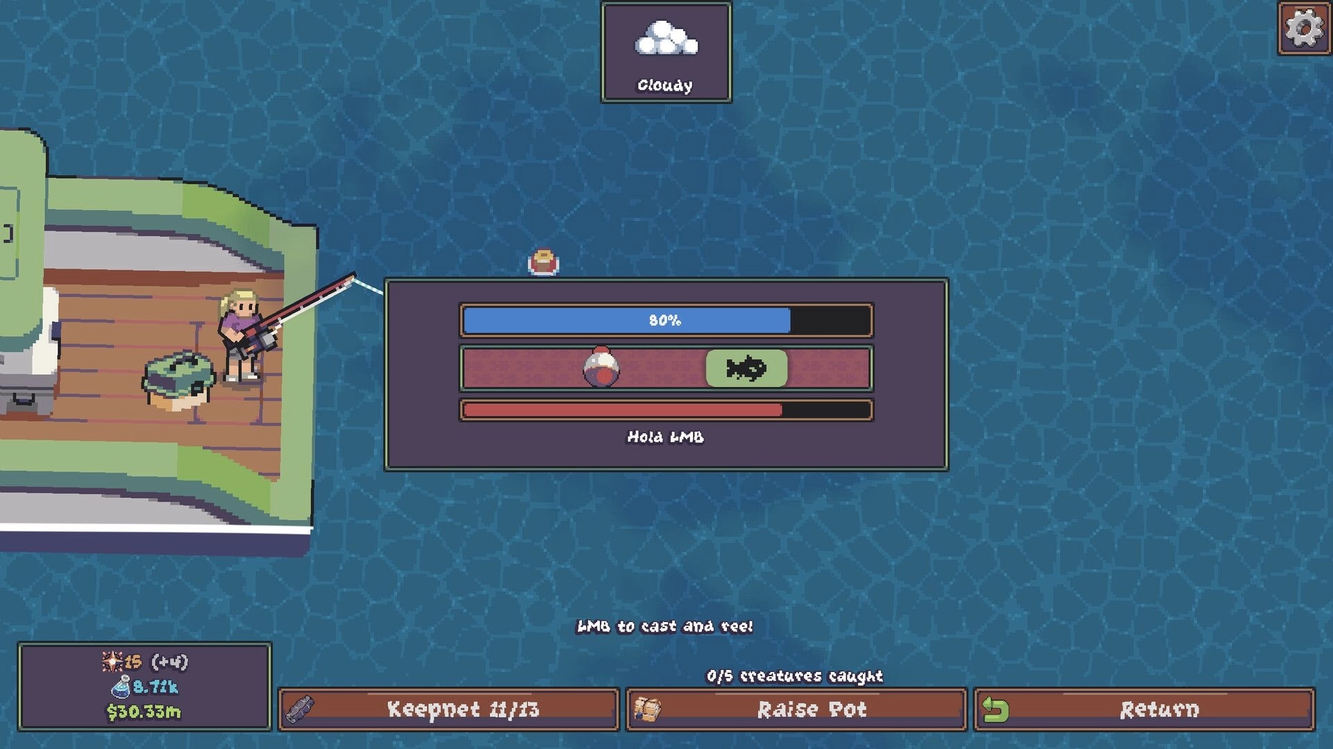 Lured In: Fishing minigame UI with cast meter and bobber beside a dock on cloudy ocean waters.