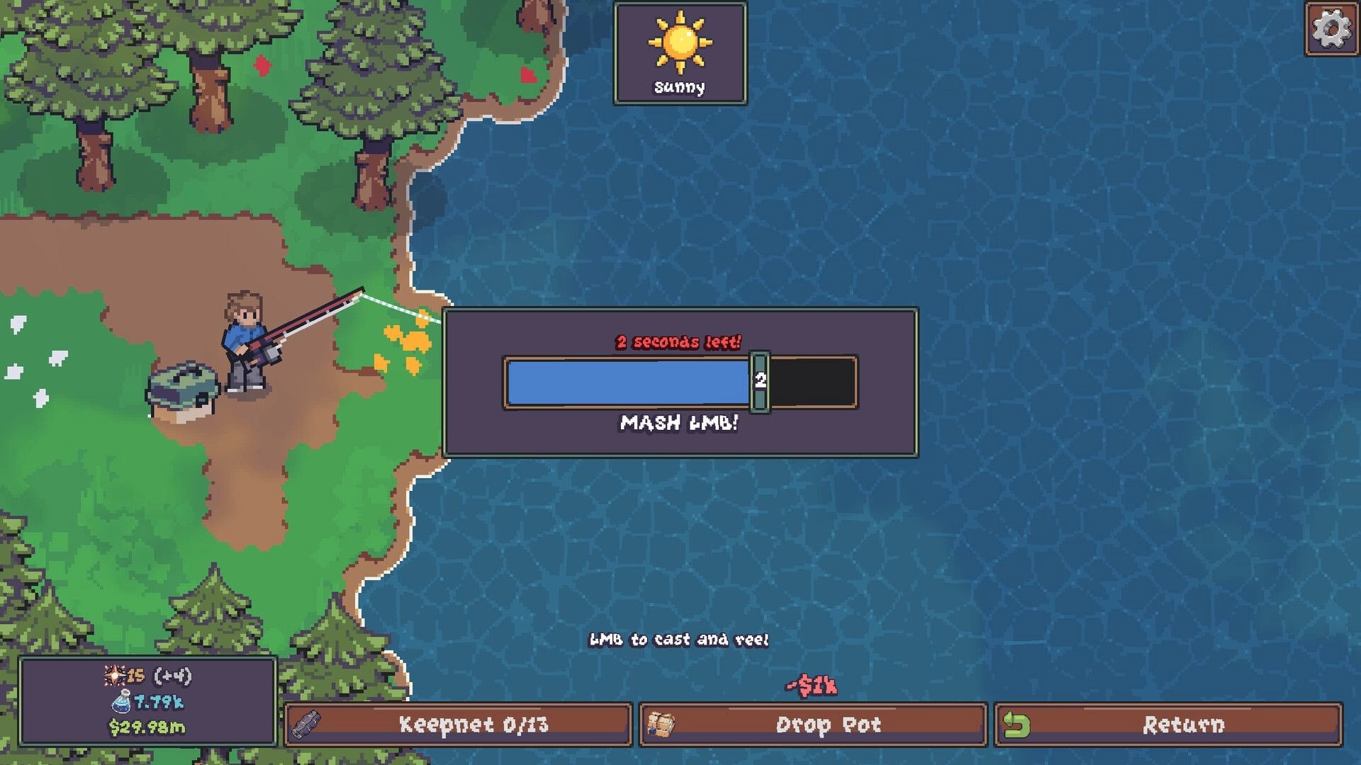 Lured In: Fishing quick-time mash bar as player reels in from forest shoreline by a sunny lake.