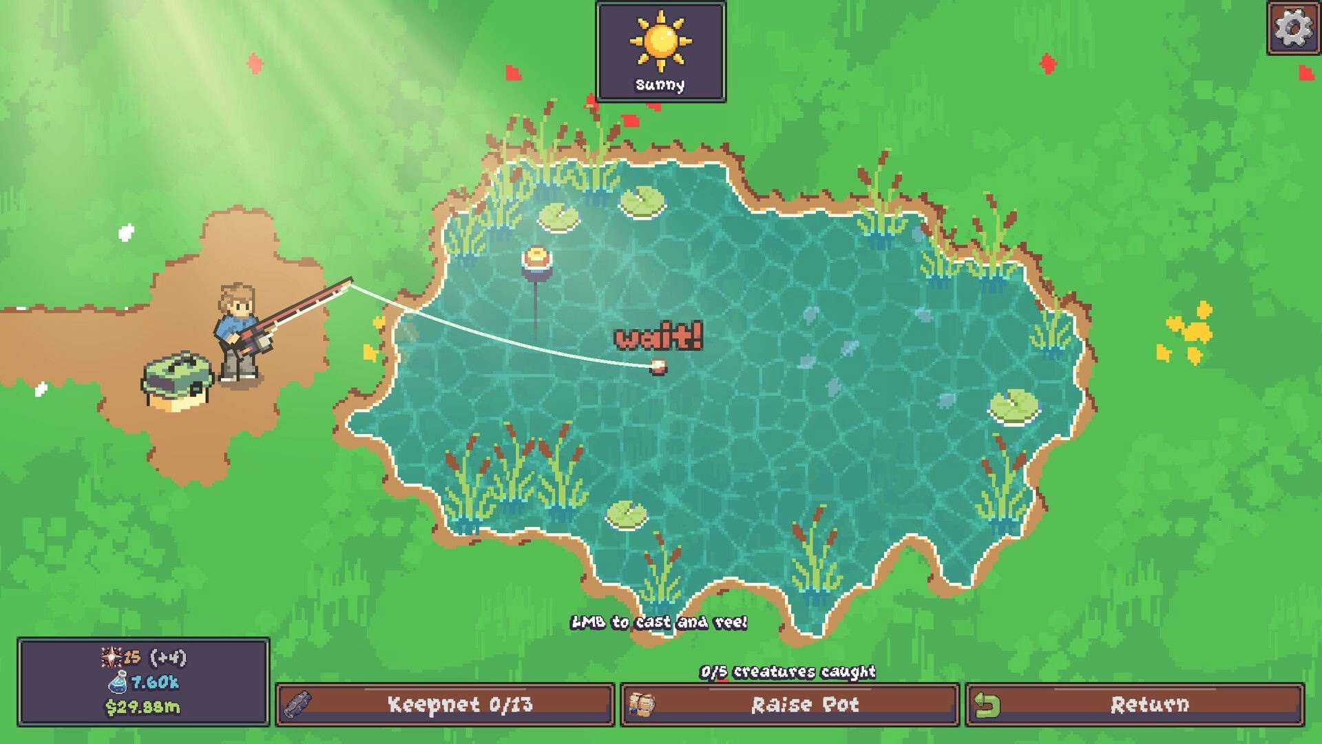 Lured In: Player casts a fishing line into a pond with wait prompt, sunny icon and bottom UI bar.
