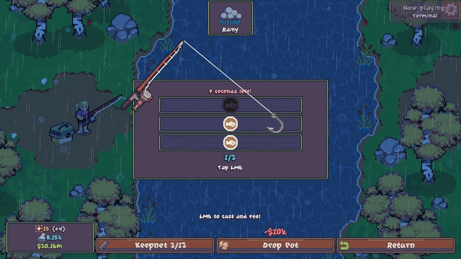 Lured In: Fishing minigame UI with hook timing bars on a rainy riverbank beside dark water.
