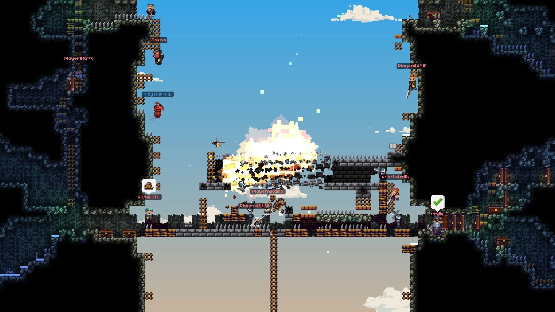 Lurkers: Multiplayer firefight as a bridge explodes midair between cliff platforms with player tags visible.