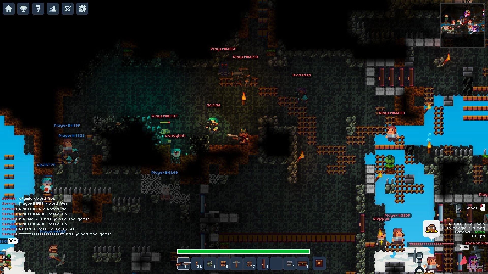 Lurkers: Multiplayer cave skirmish with named players and hotbar UI amid ladders, torches, ice pools.