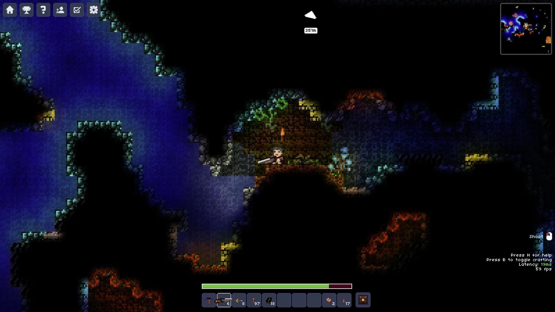 Lurkers: Player with sword exploring dark cave with minimap, hotbar, and health bar UI visible.