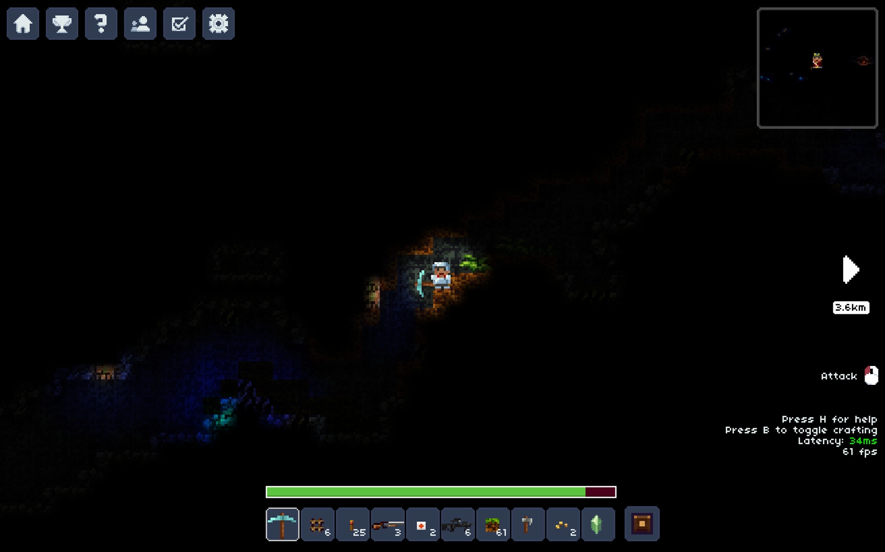 Lurkers: Player mining in a dark cave with minimap, health bar, and item hotbar UI visible.