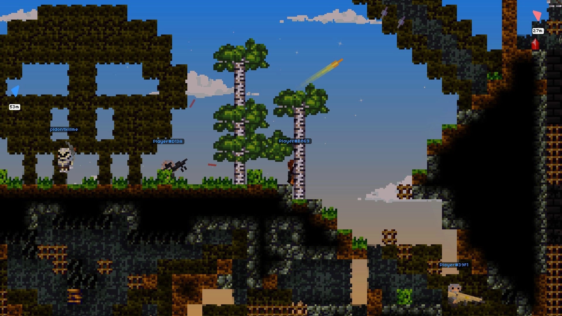 Lurkers: Players trade gunfire near birch trees and caves, with distance markers and name tags visible.