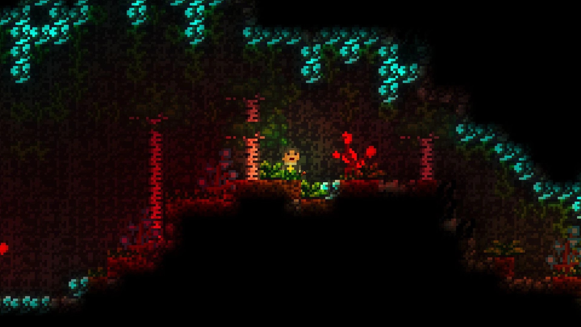 Lurkers: Player stands on a ledge in dark cave with glowing blue crystals and red plants nearby.