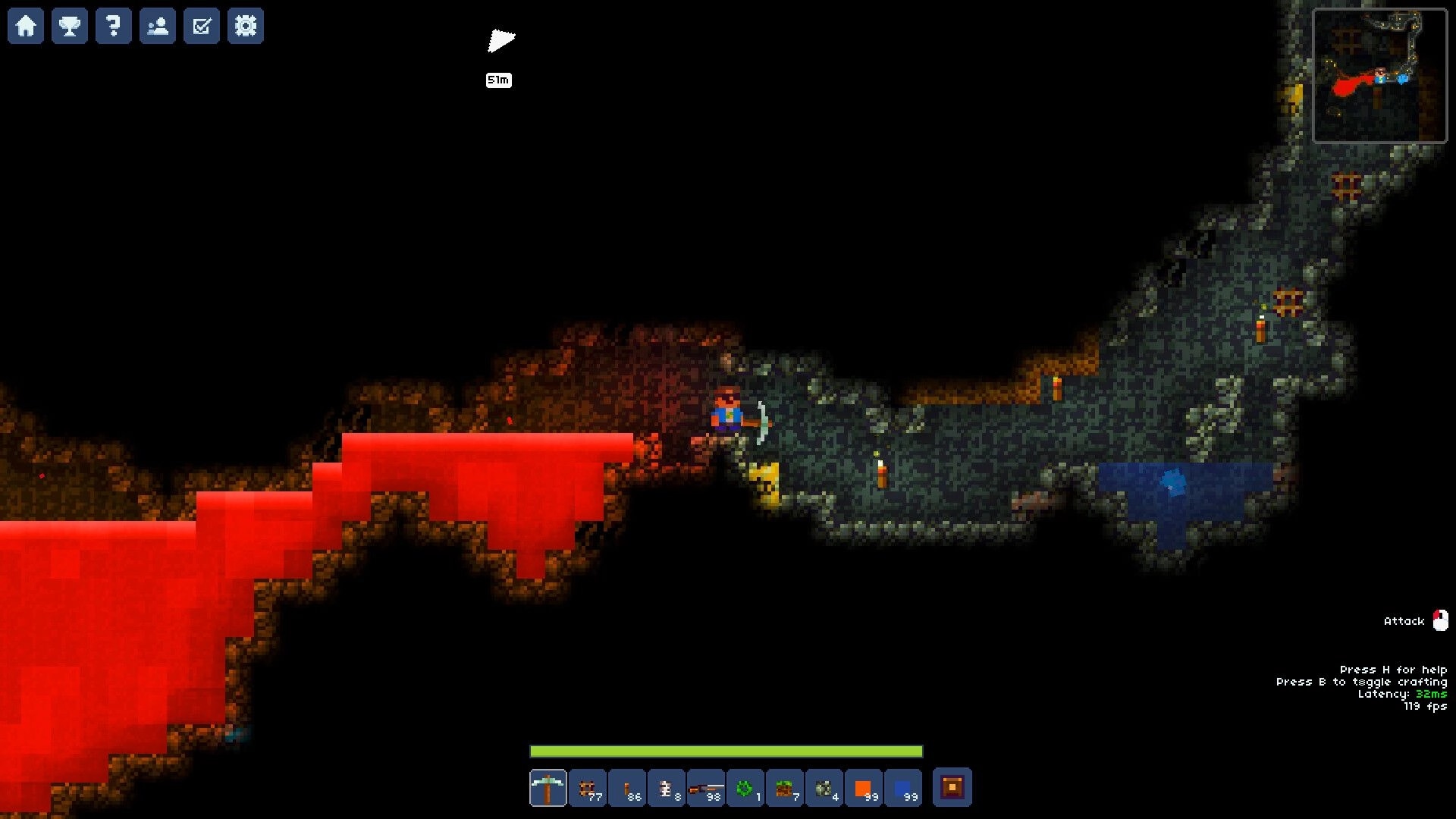 Lurkers: Player mining a torchlit cave beside red lava and blue water, with minimap and hotbar UI.