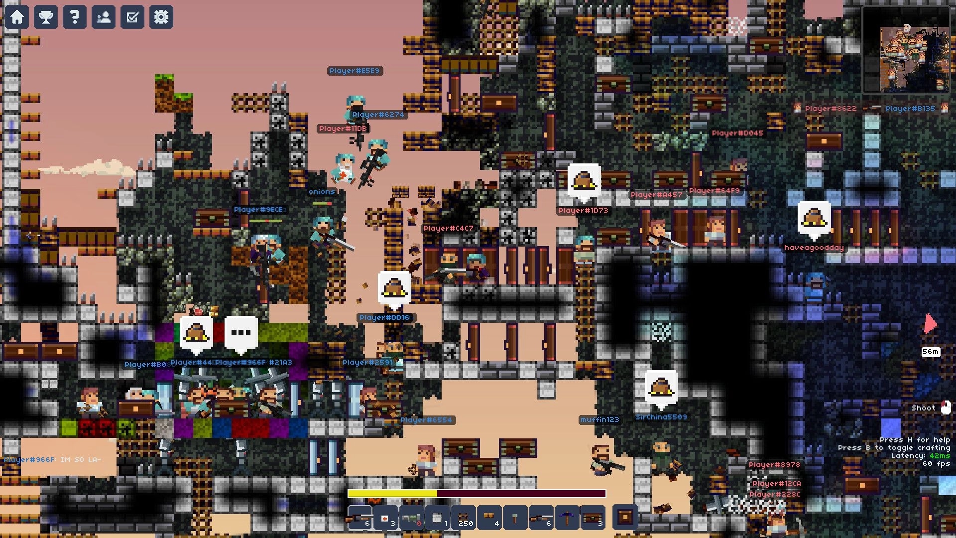 Lurkers: Crowded multiplayer firefight with chat bubbles in a crumbling stone fortress base.