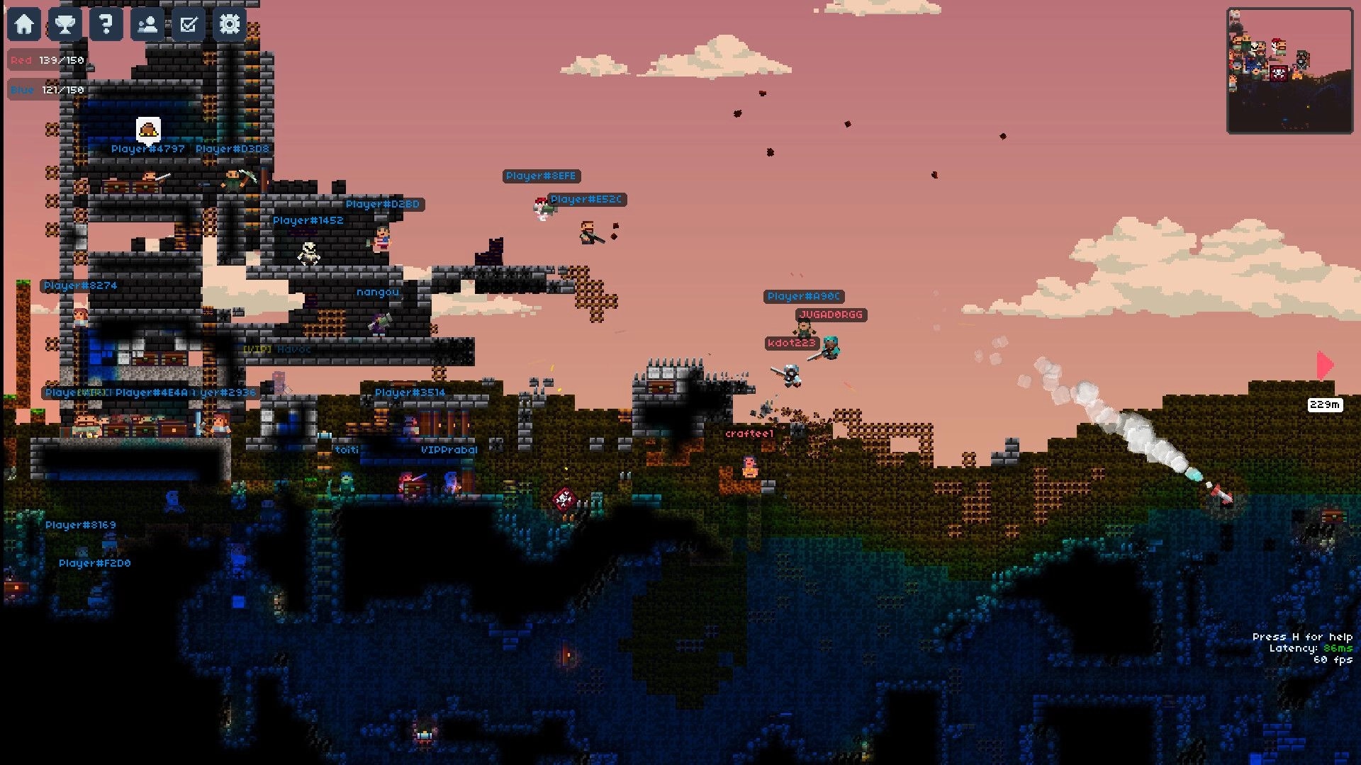 Lurkers: Multiplayer battle with labeled players and a rocket trail near a crumbling brick fort at dusk.