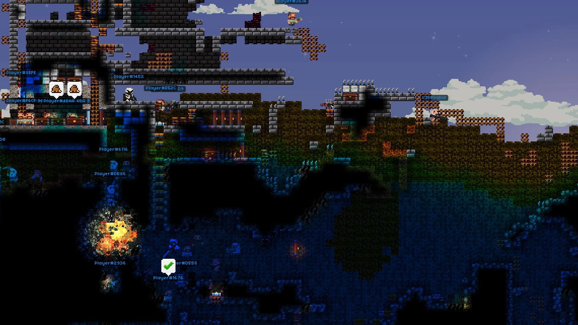 Lurkers: Multiplayer raid on crumbling brick fort with player tags and a blast in dark caves below.