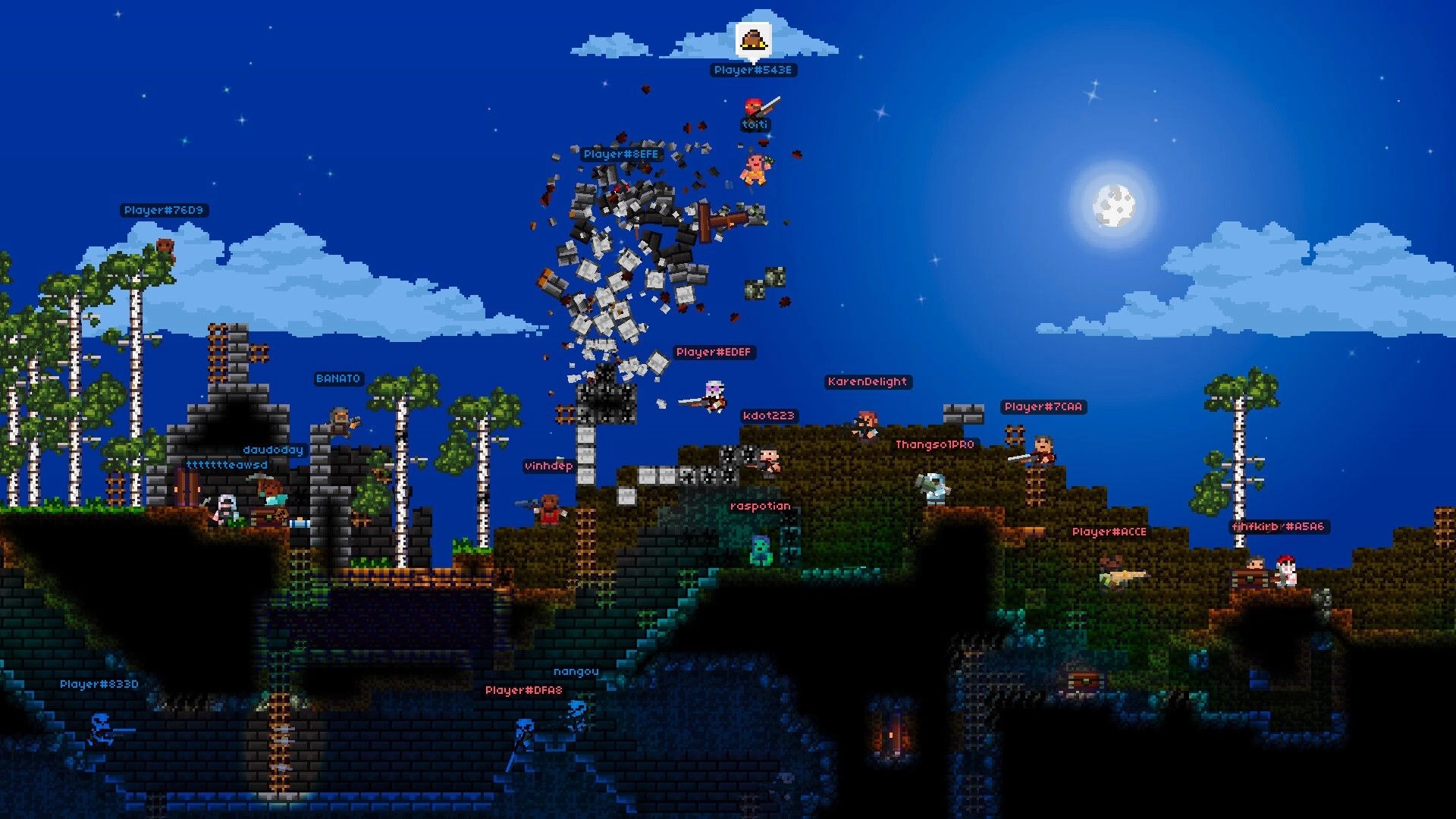 Lurkers: Multiplayer brawl with named players as blocks explode above a moonlit forest hillside base.