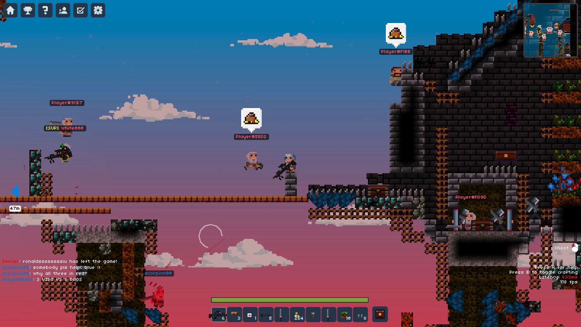 Lurkers: Multiplayer firefight with armed players near spiked castle walls and bridges at dusk sky.