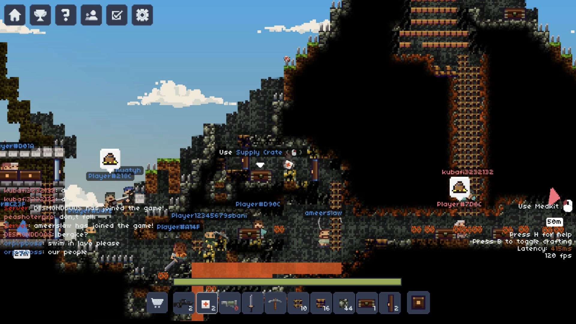 Lurkers: Players gather by supply crates and ladders in rocky cave base, chat and hotbar visible.