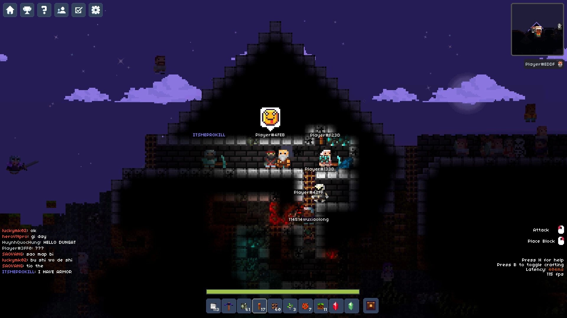 Lurkers: Players gather in a brick bunker with chat and hotbar UI under a starry night sky.
