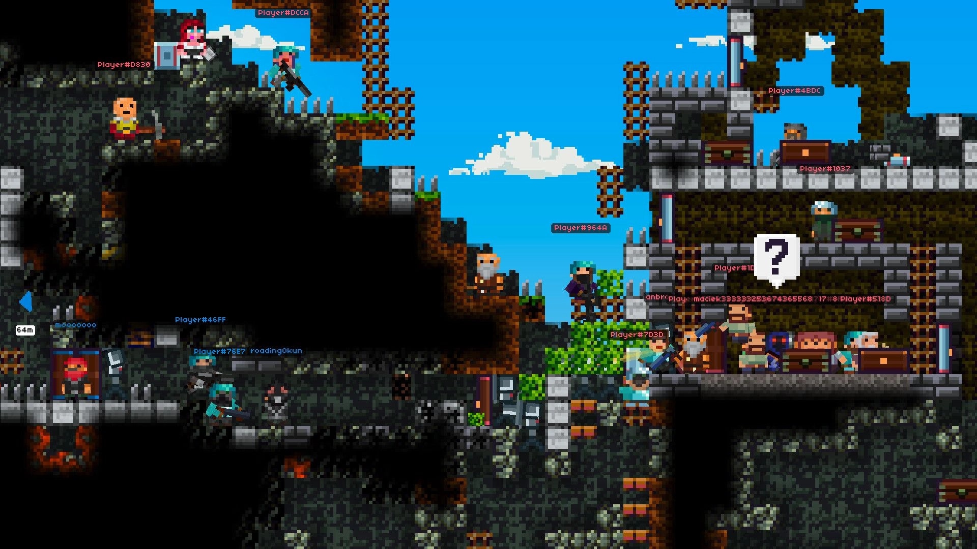 Lurkers: Multiplayer brawl on stone platforms with ladders, spikes, chests, and player name tags sky backdrop.