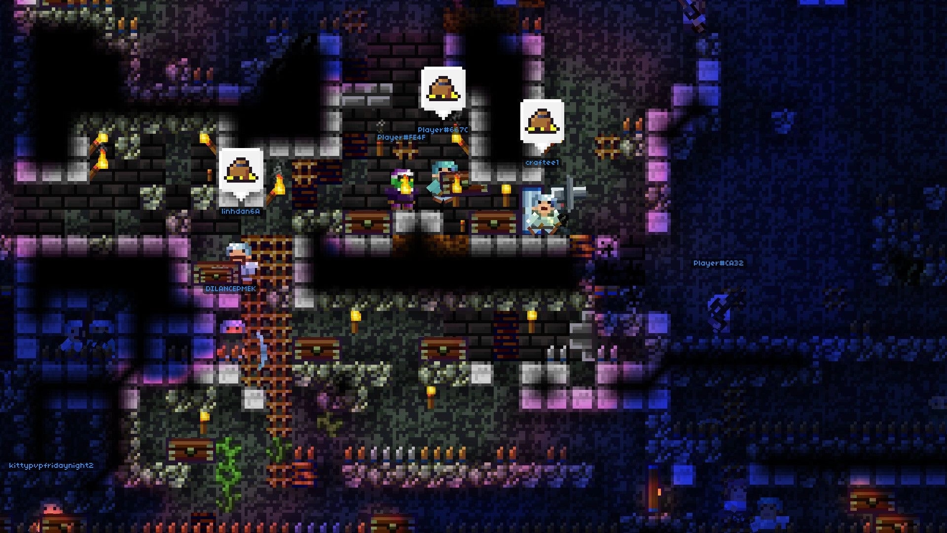 Lurkers: Players gather by chests and torches with chat icons in a dark underground dungeon base.
