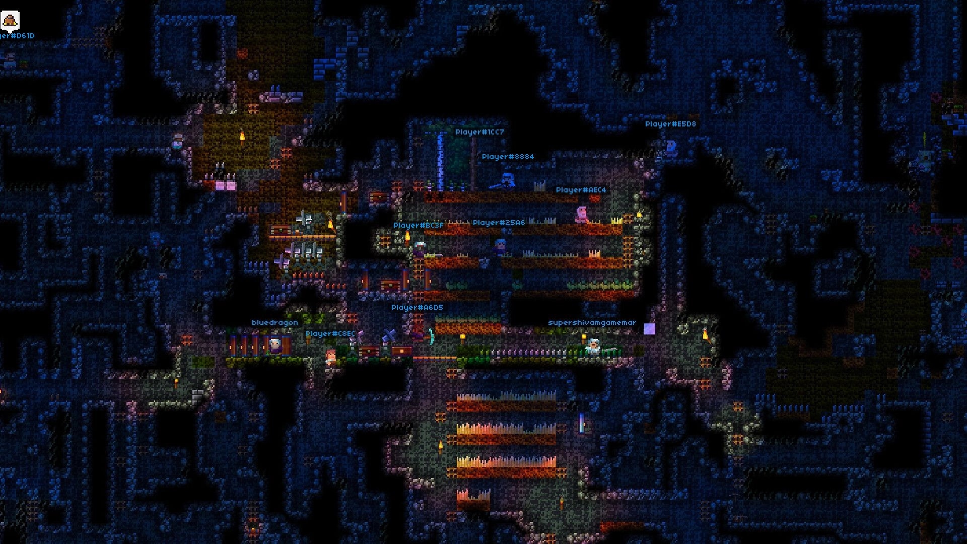 Lurkers: Multiple players exploring torchlit cave tunnels with platforms, spikes, and name tags overhead.
