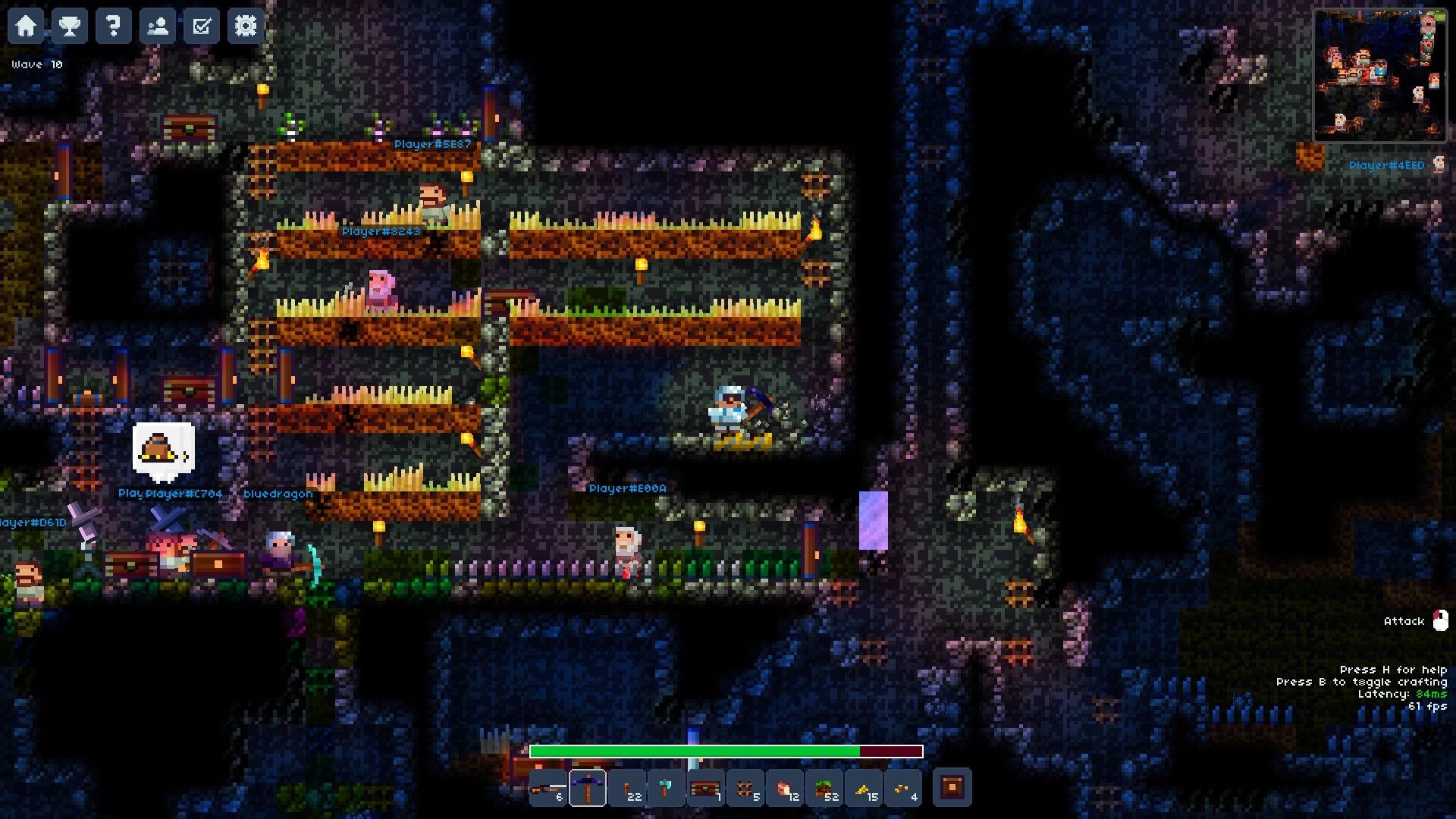 Lurkers: Players defend a torchlit cave base with traps and chests, Wave 10 UI and hotbar visible.