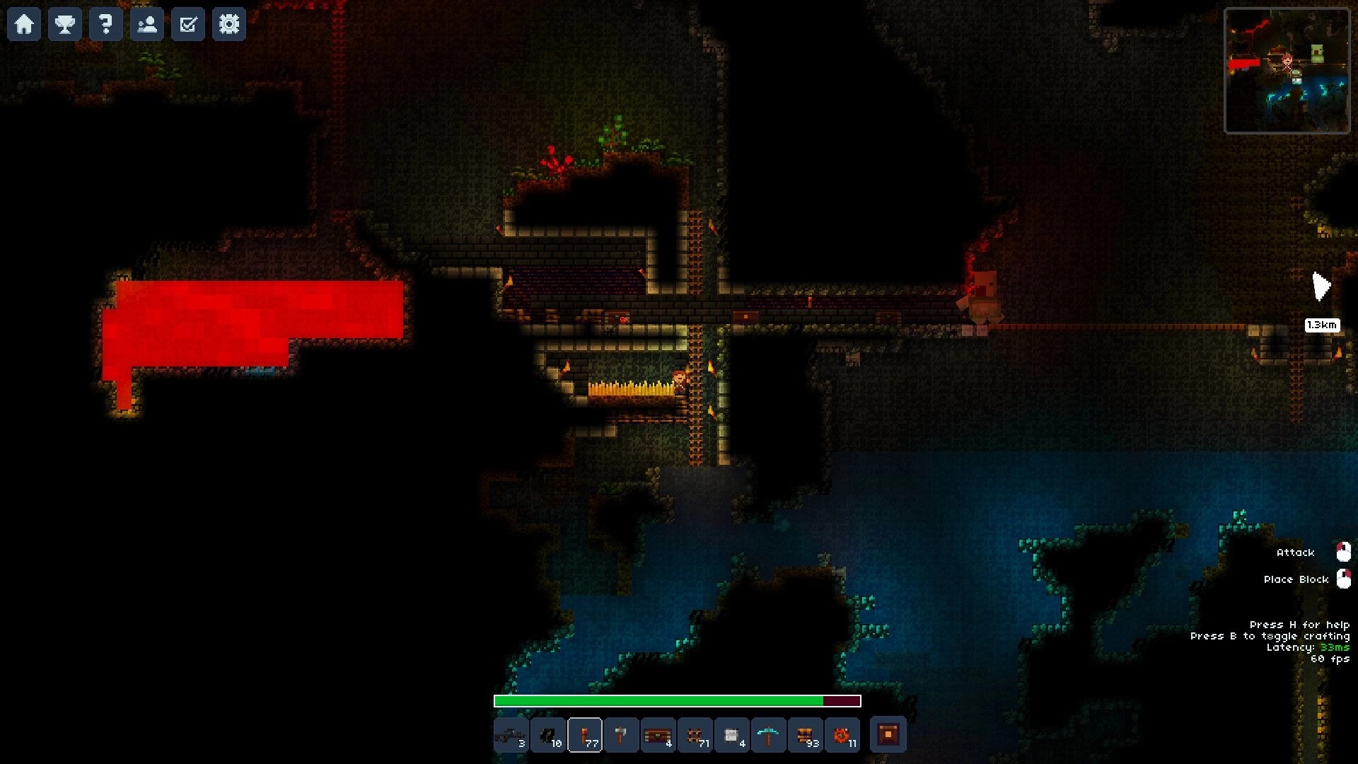 Lurkers: Player explores torchlit brick tunnels with ladders over water, hotbar and minimap visible.