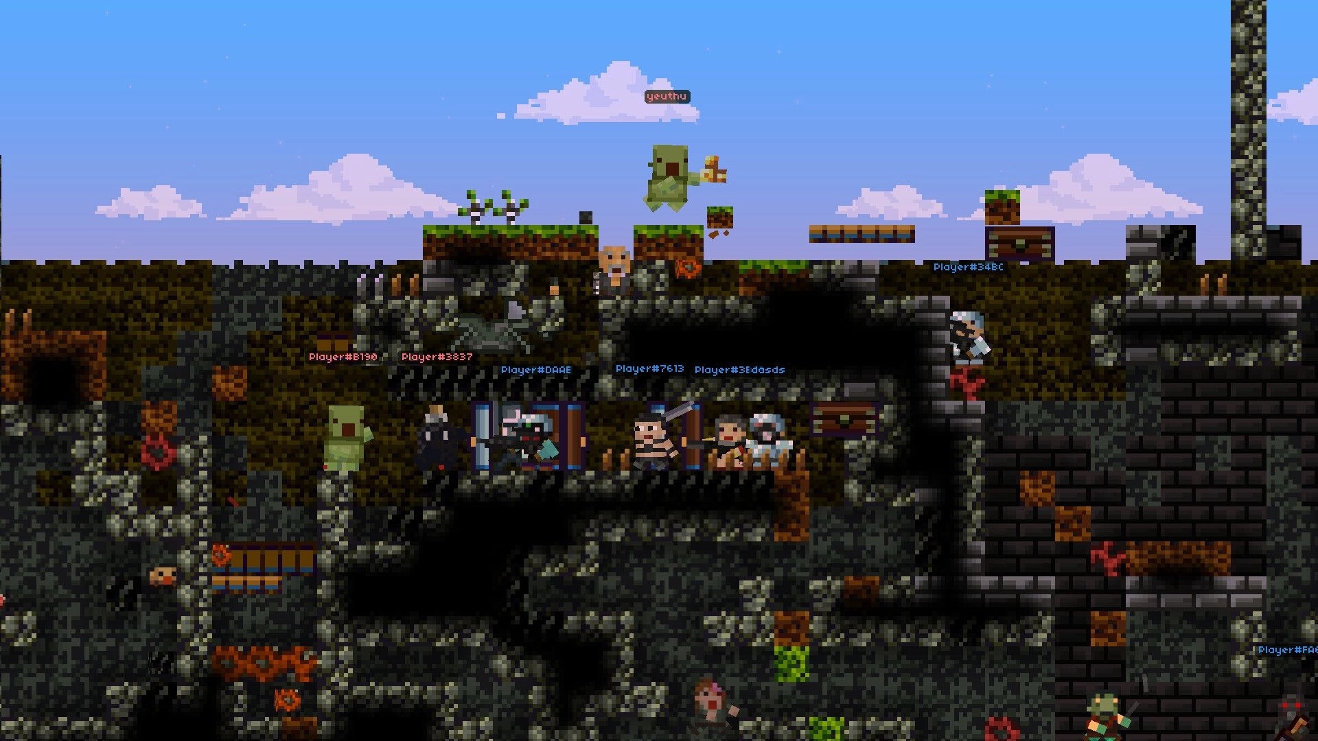 Lurkers: Multiplayer cave skirmish with named players and zombies amid blocky tunnels and ruins.