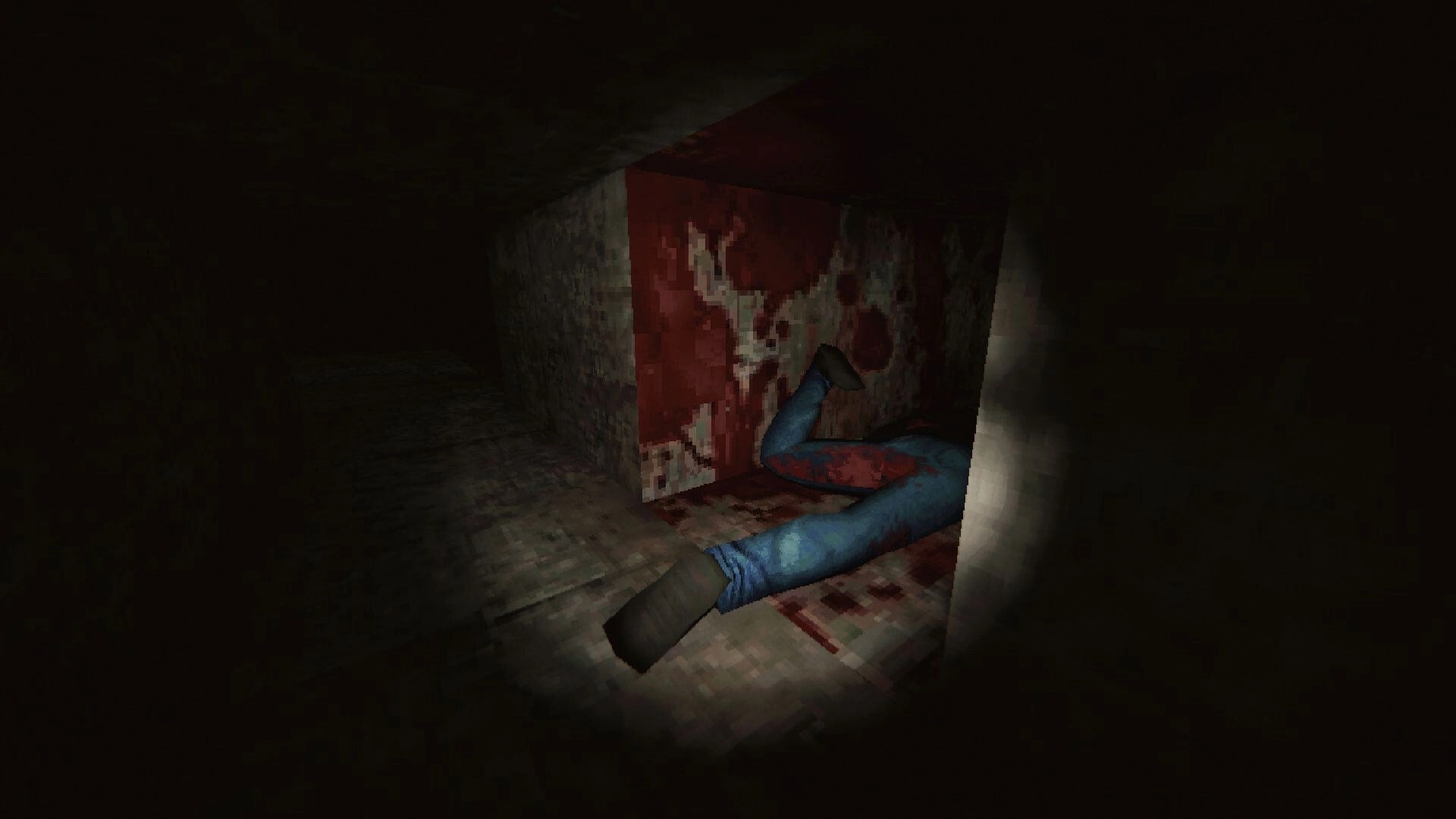Lurking: Flashlight view of blood-smeared legs by a red-stained wall in a dark concrete hallway.