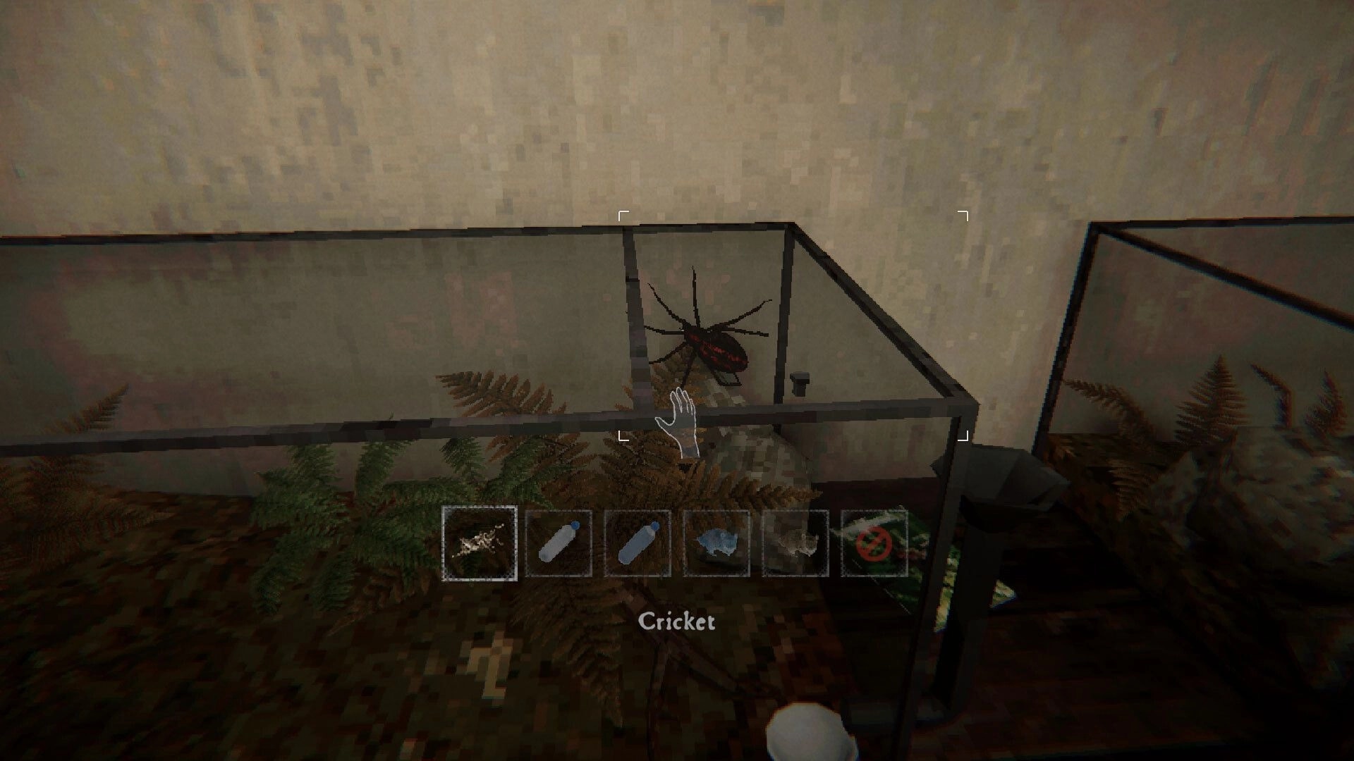 Lurking: Hand cursor targets a giant spider in a glass terrarium, quickbar items visible below.