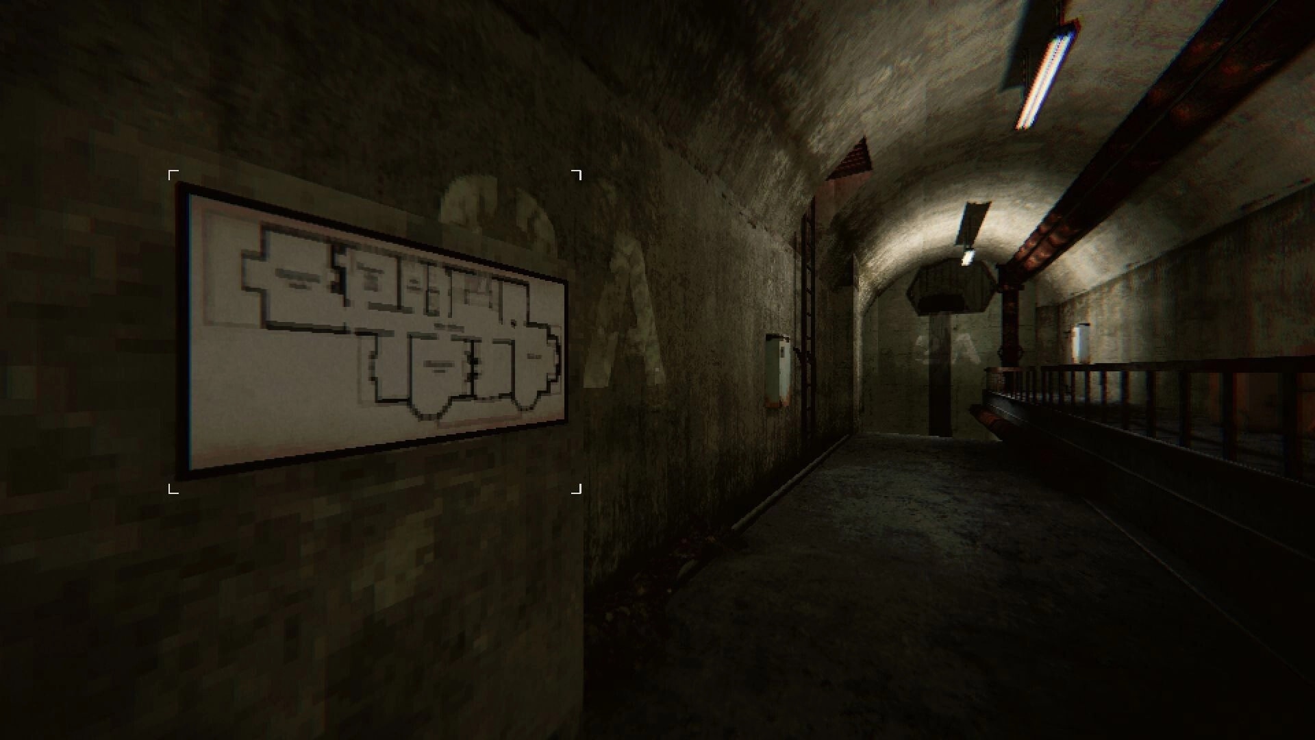 Lurking: First-person view down a dim concrete corridor, map poster on wall and crosshair HUD.
