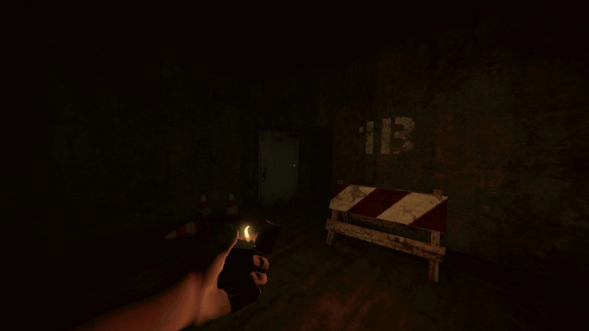 Lurking: Player holds a lighter facing a locker and barricade in a dim corridor marked 113.