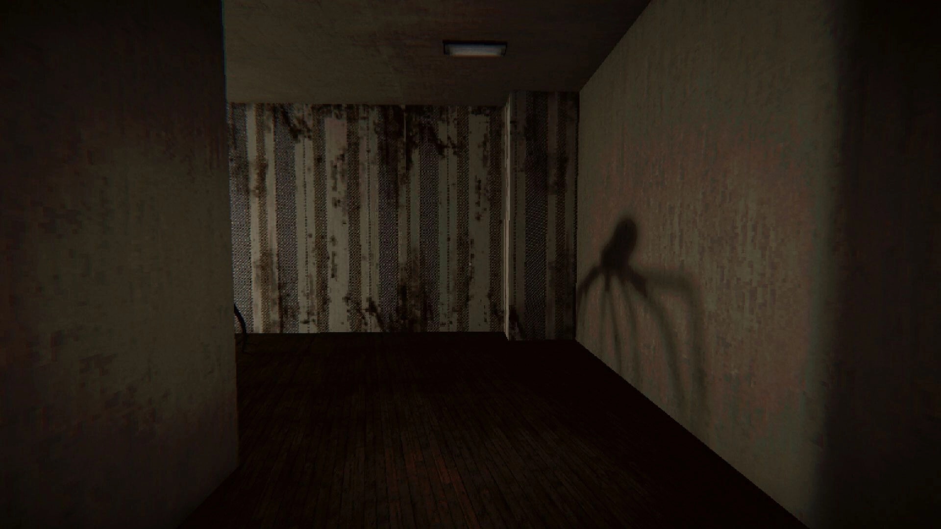 Lurking: First-person view down a grim hallway with peeling wallpaper and a spider shadow on wall.