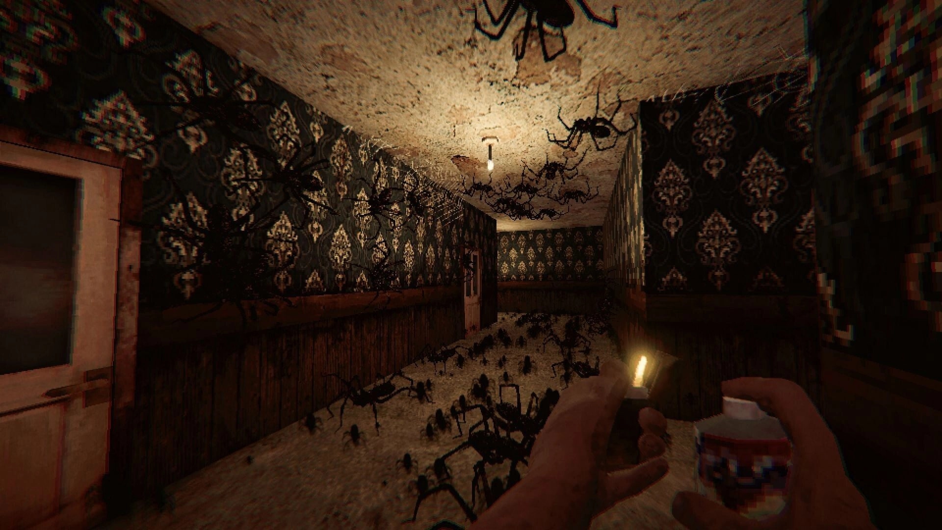 Lurking: Player holds a lighter as giant spiders swarm a wallpapered hallway and ceiling.