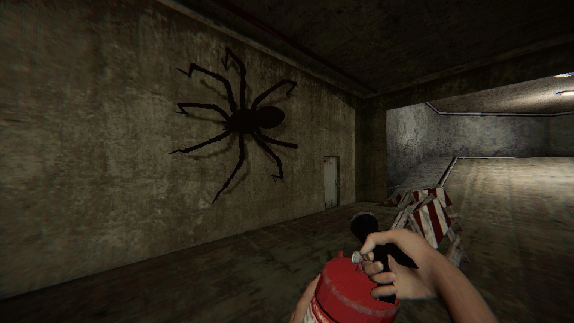 Lurking: First-person view aiming a fire extinguisher at a giant spider on a concrete wall corridor.