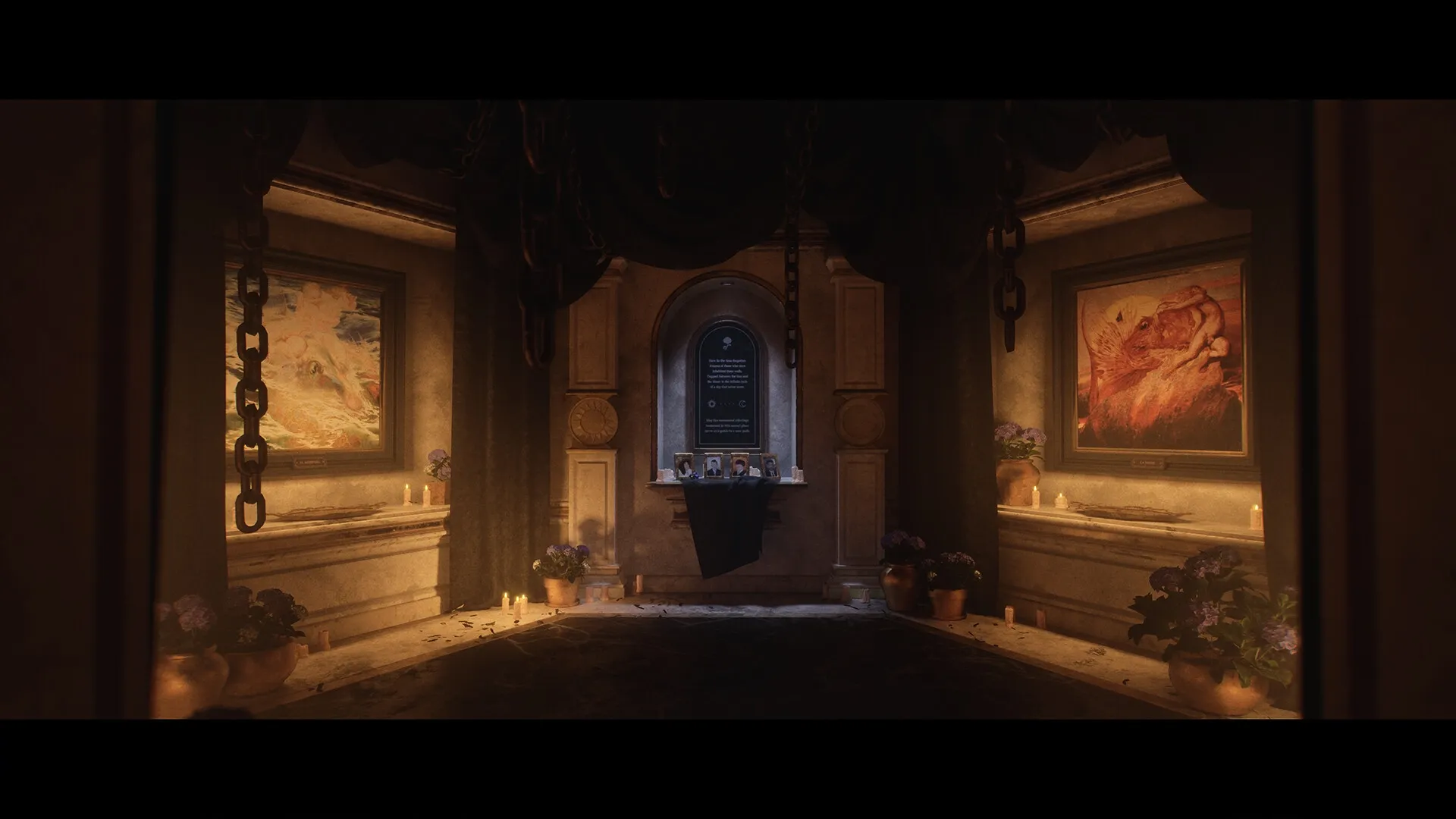 Luto: Dimly lit room with framed paintings, candles, and a memorial altar with photographs and flowers