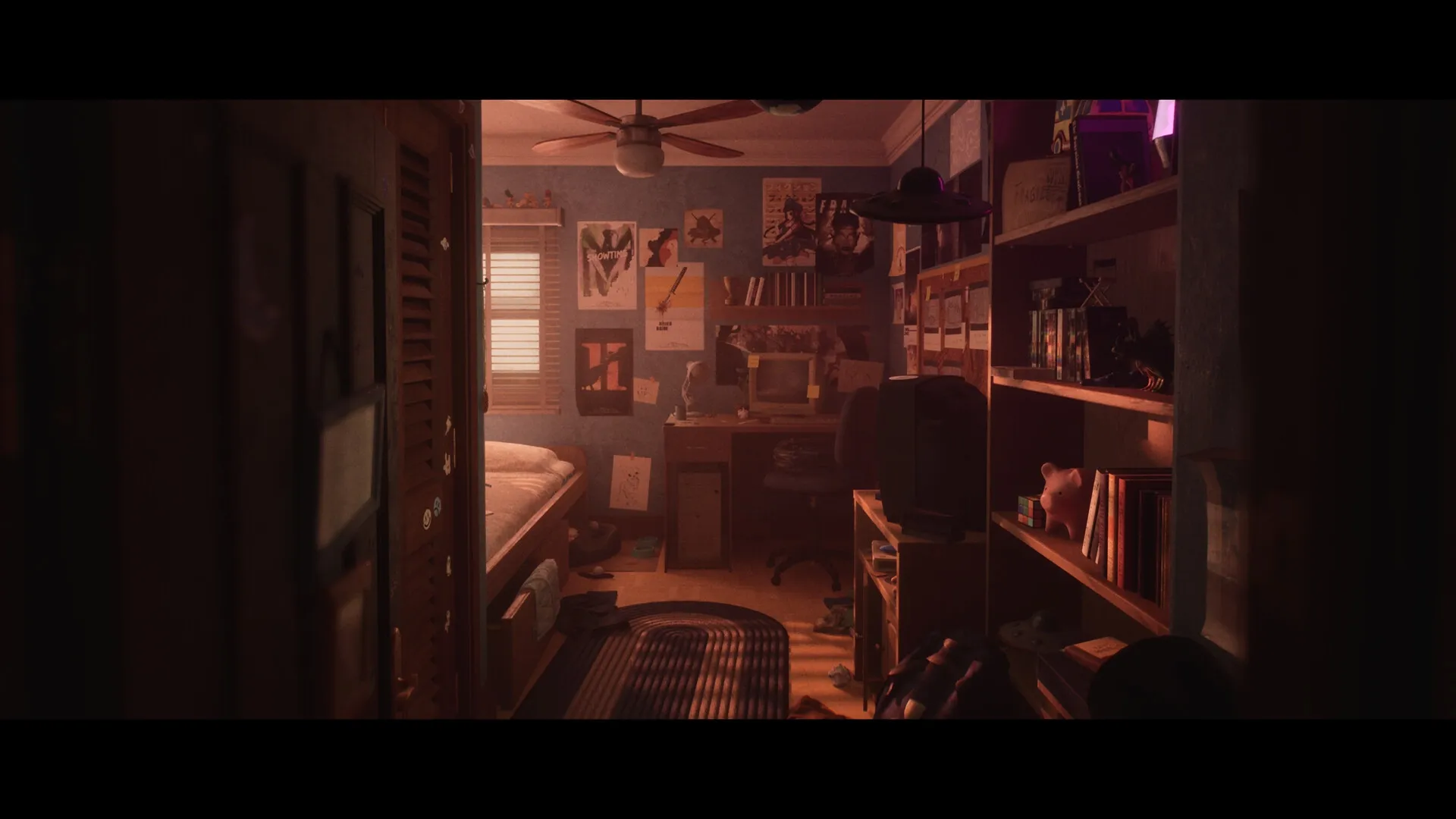 Luto: Dimly lit bedroom with a cluttered desk, posters on walls, and shelves filled with books and items.