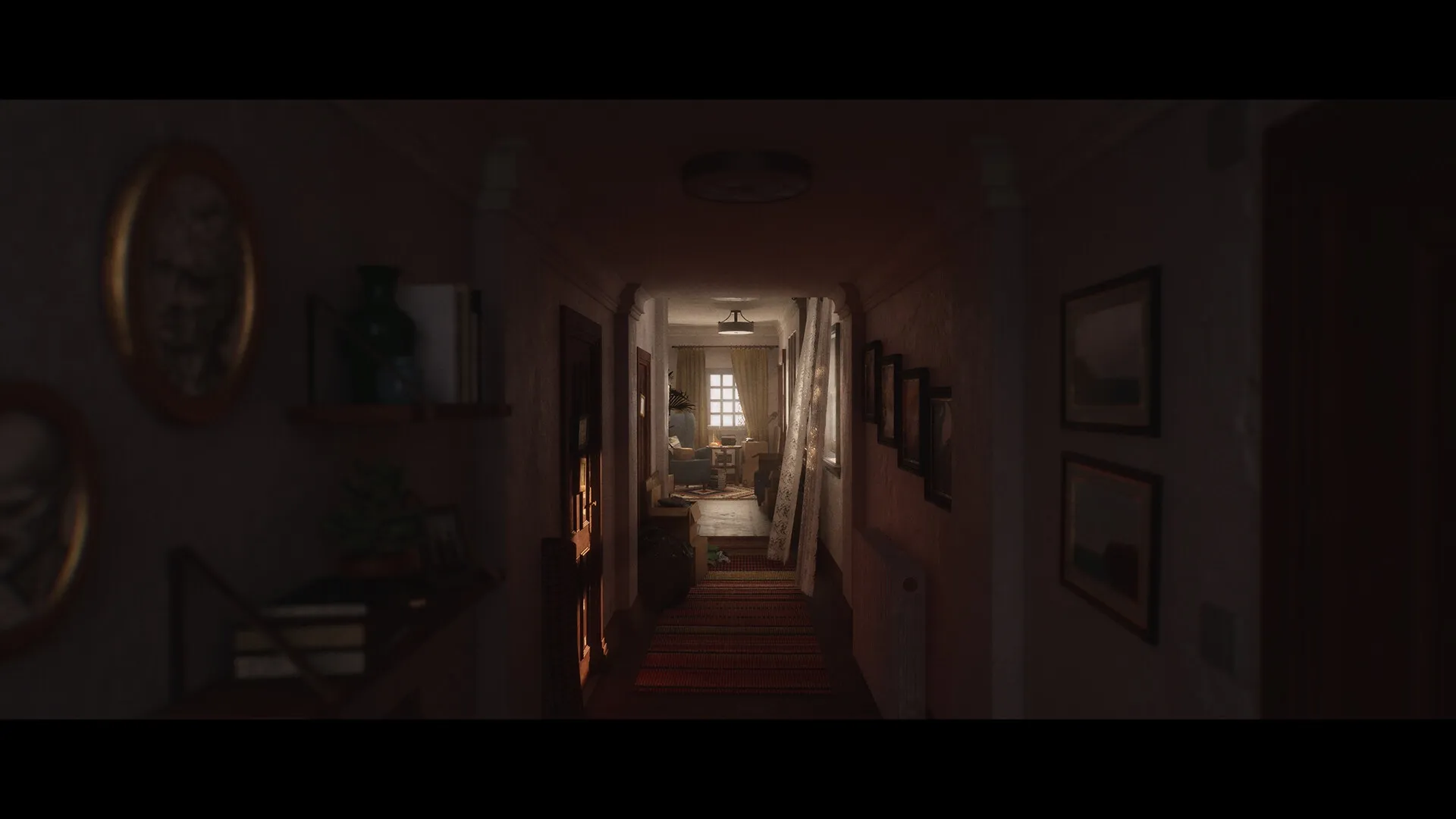 Luto: Dimly lit hallway with paintings and books leading to a cozy living room with sunlight filtering in.
