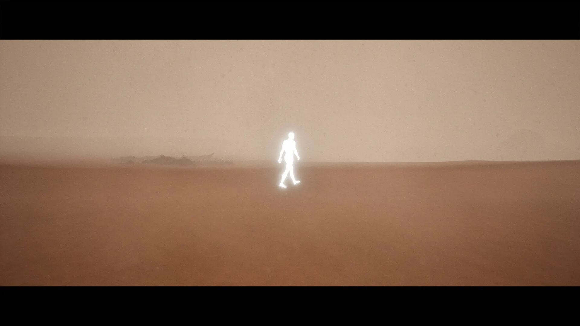 Luto: Glowing figure walks through desolate, foggy landscape with barren horizon in the distance.
