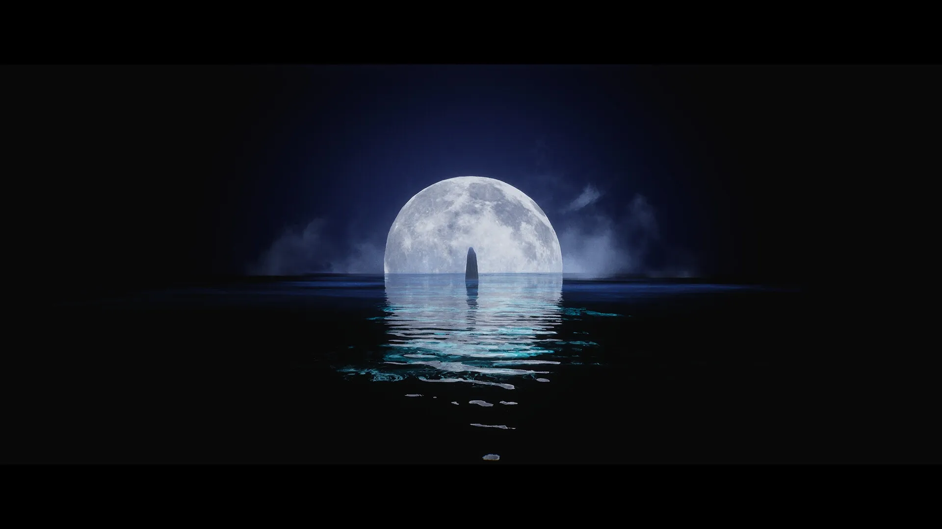 Luto: Silhouette of a figure stands against a full moon over a reflective water surface at night