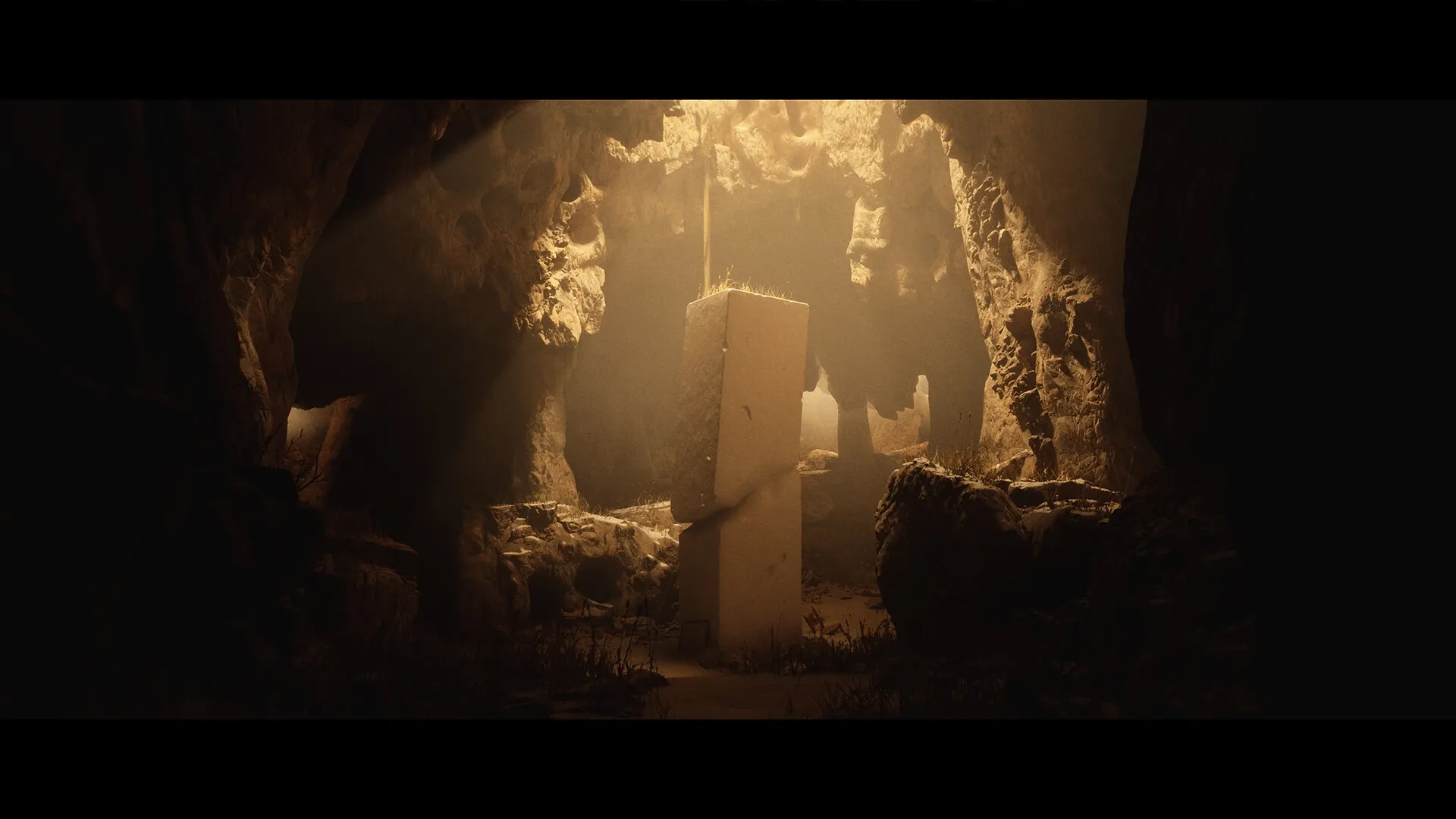 Luto: Dimly lit cave with large stone pillars and shafts of light piercing through the rocky ceiling