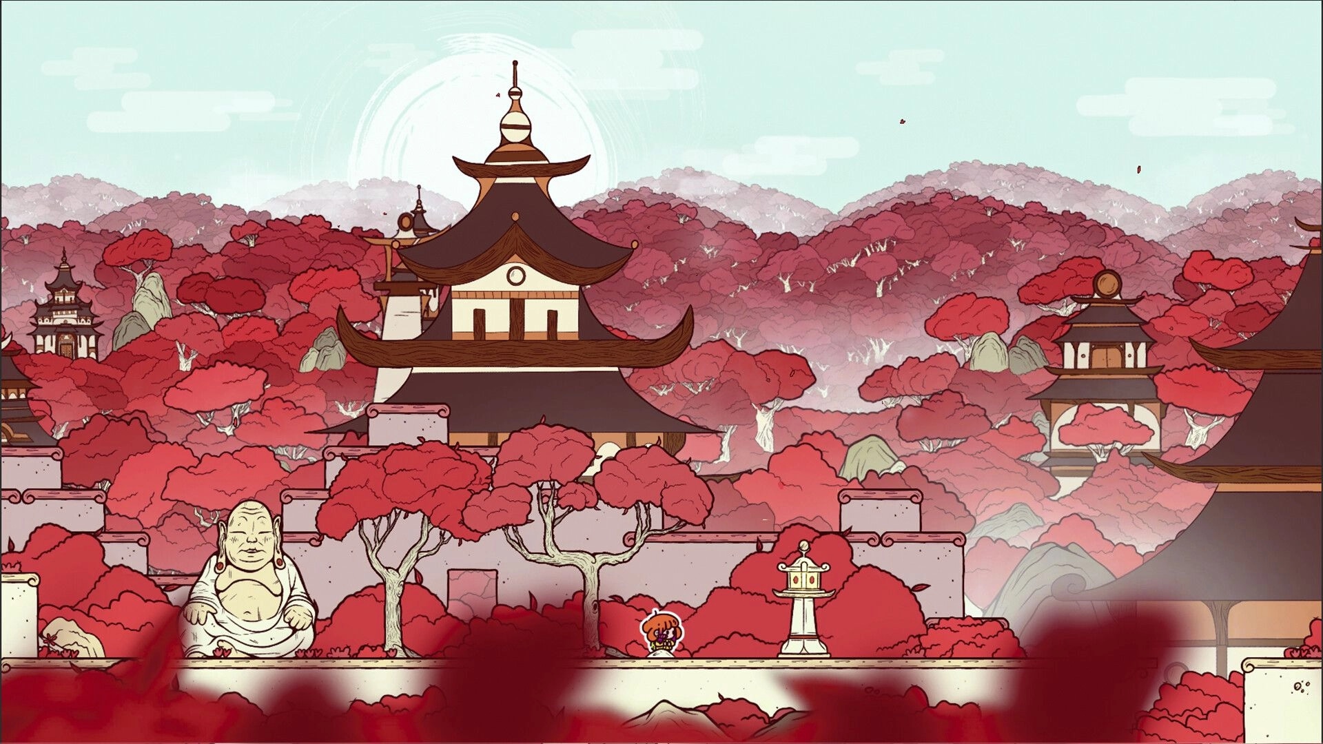 Lyara: Small girl stands near a lantern and Buddha statue in red forest temple courtyard.