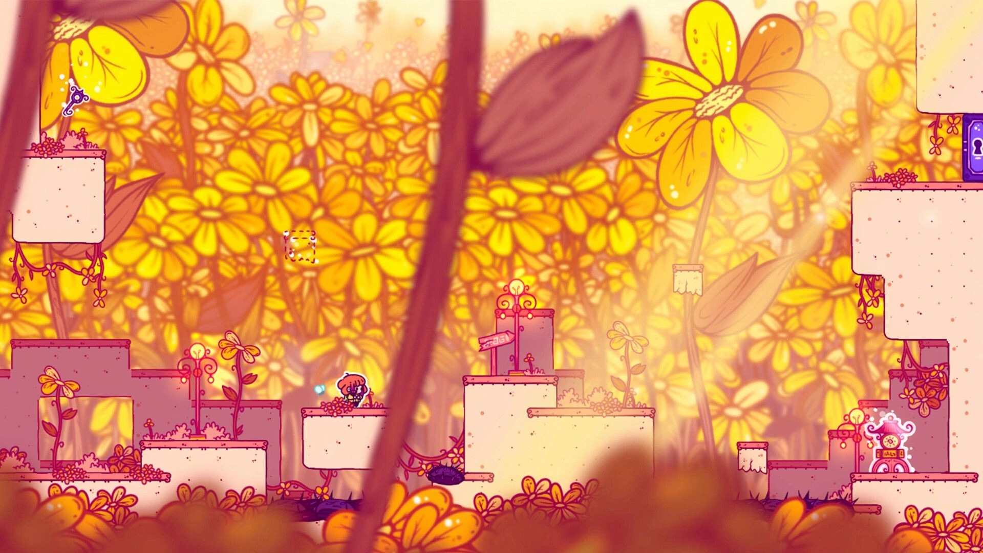 Lyara: Lyara stands on a platforming ledge near a signpost, with key and lock icons in a flower field.