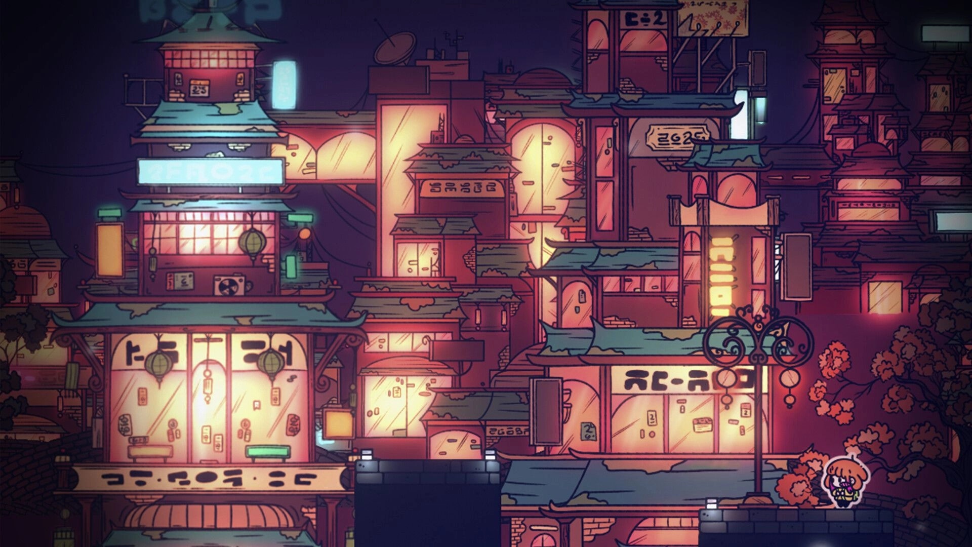 Lyara: Small girl avatar stands by bushes in a neon-lit stacked city with glowing windows and signs.