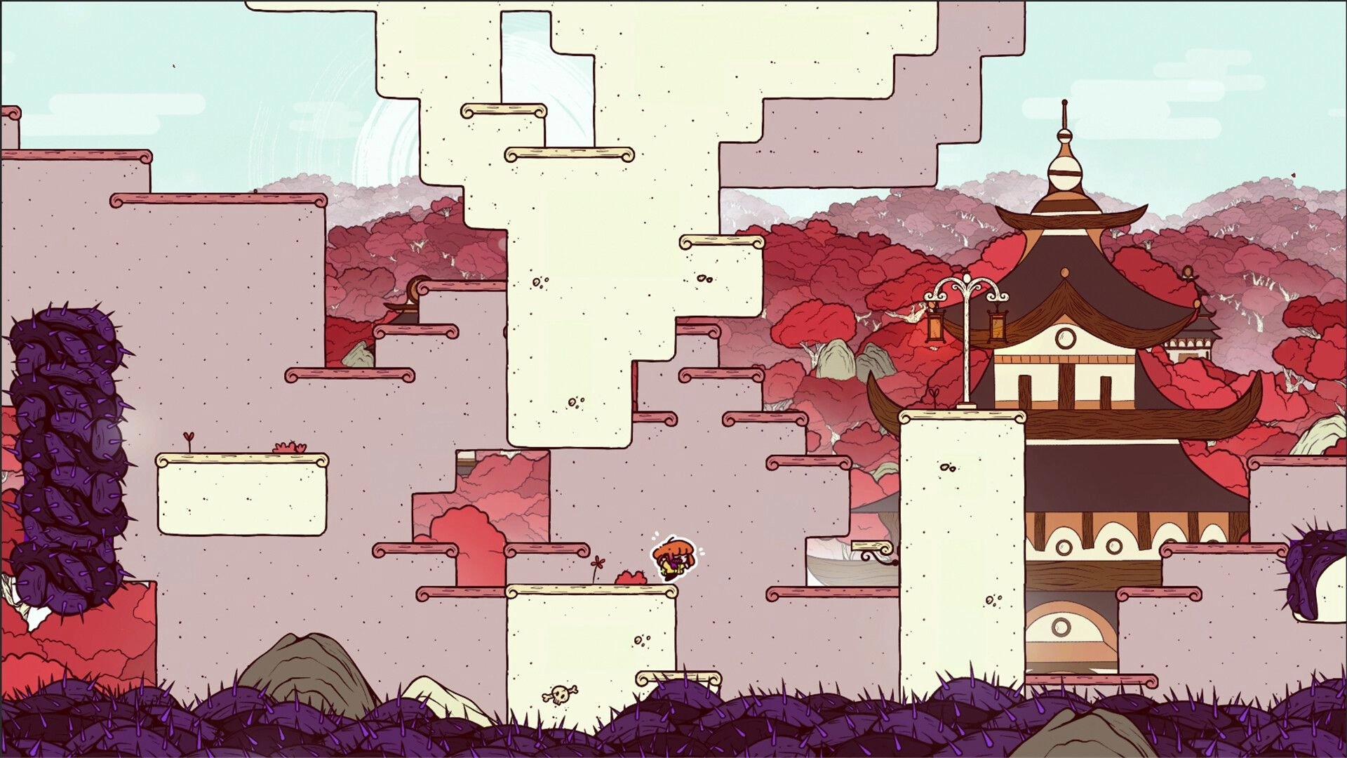 Lyara: Small girl character jumps between stone ledges near purple thorns, pagoda in red forest backdrop.