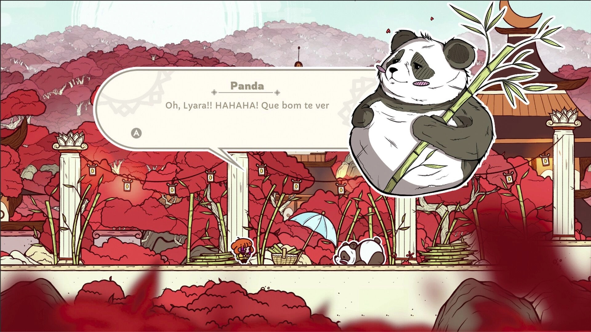 Lyara: Dialogue with Panda holding bamboo beside Lyara in a red forest temple courtyard scene.
